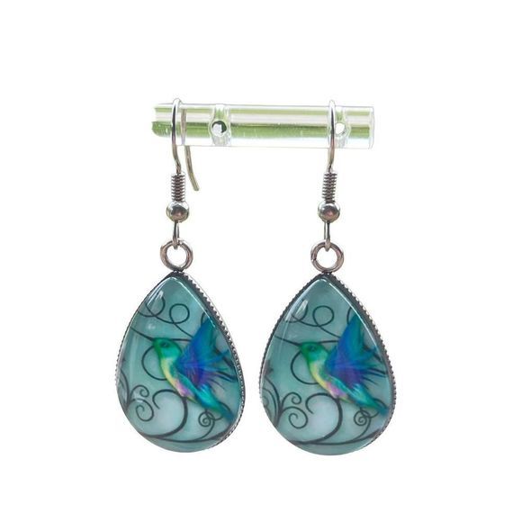 NEW Blue Hummingbird Water Drop Shape Glass Stainless Steel Drop Hook Earrings - Picture 3 of 9
